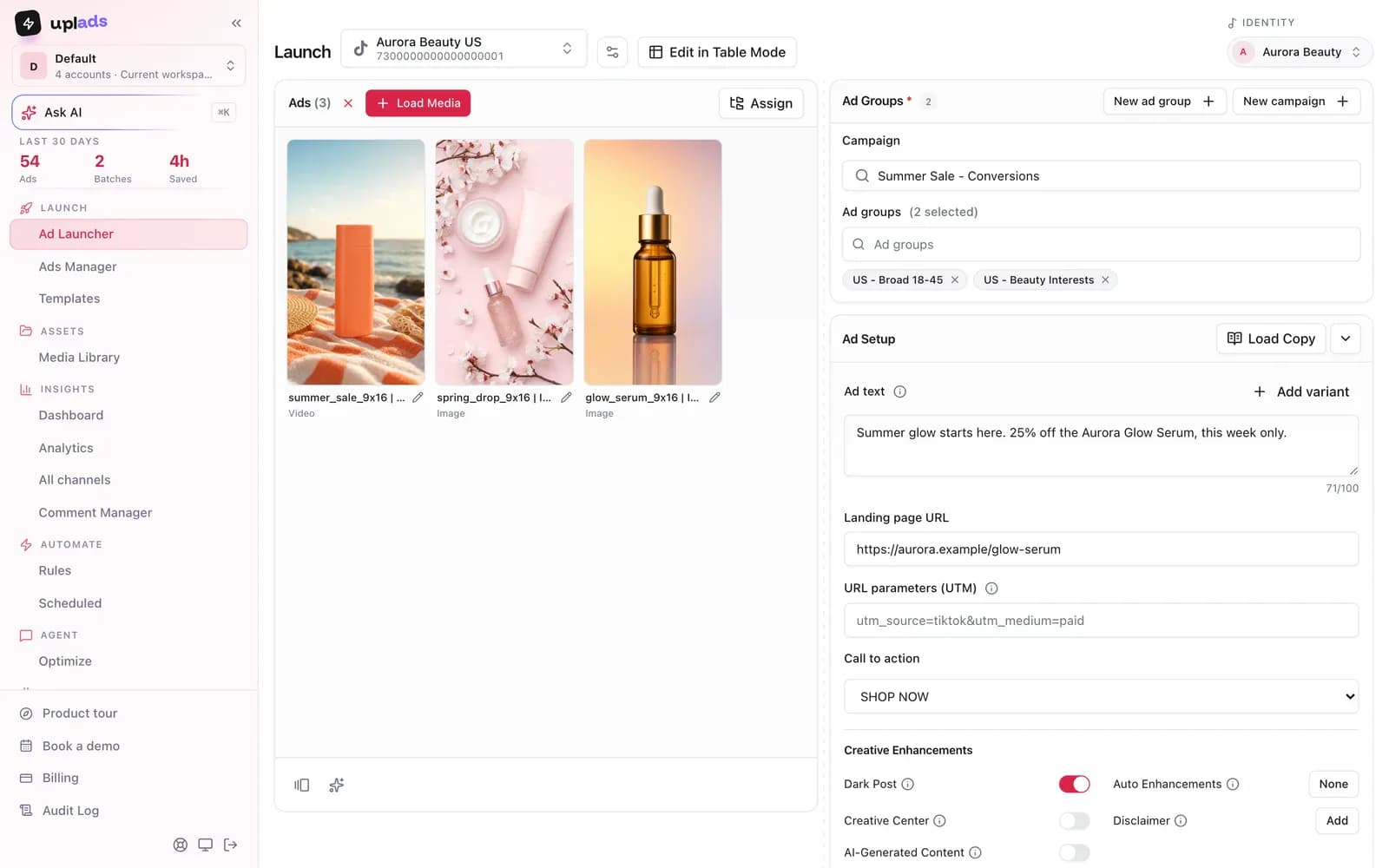uplads Ad Launcher for TikTok with vertical videos, selected ad groups and ad text
