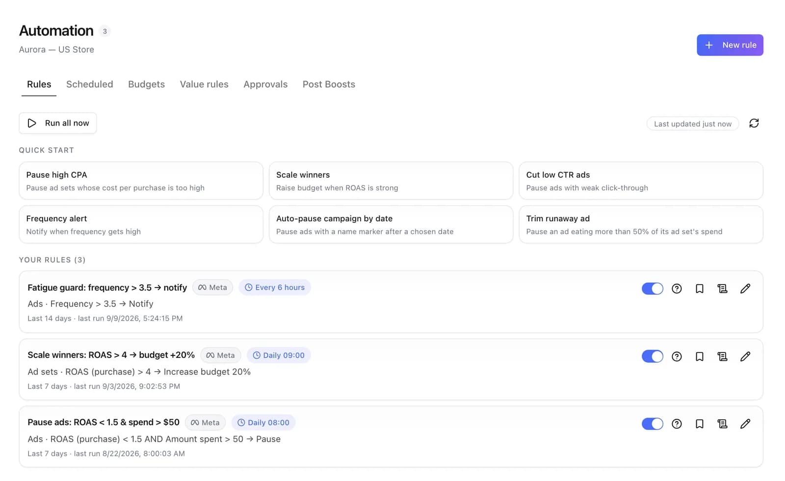 Automated rules in uplads: a frequency alert, a scale-winners rule and a pause rule, each with its schedule