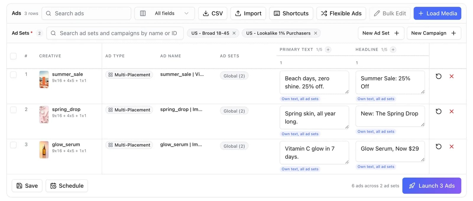 Table mode in uplads: one row per creative with its own primary text and headline, 6 ads across 2 ad sets